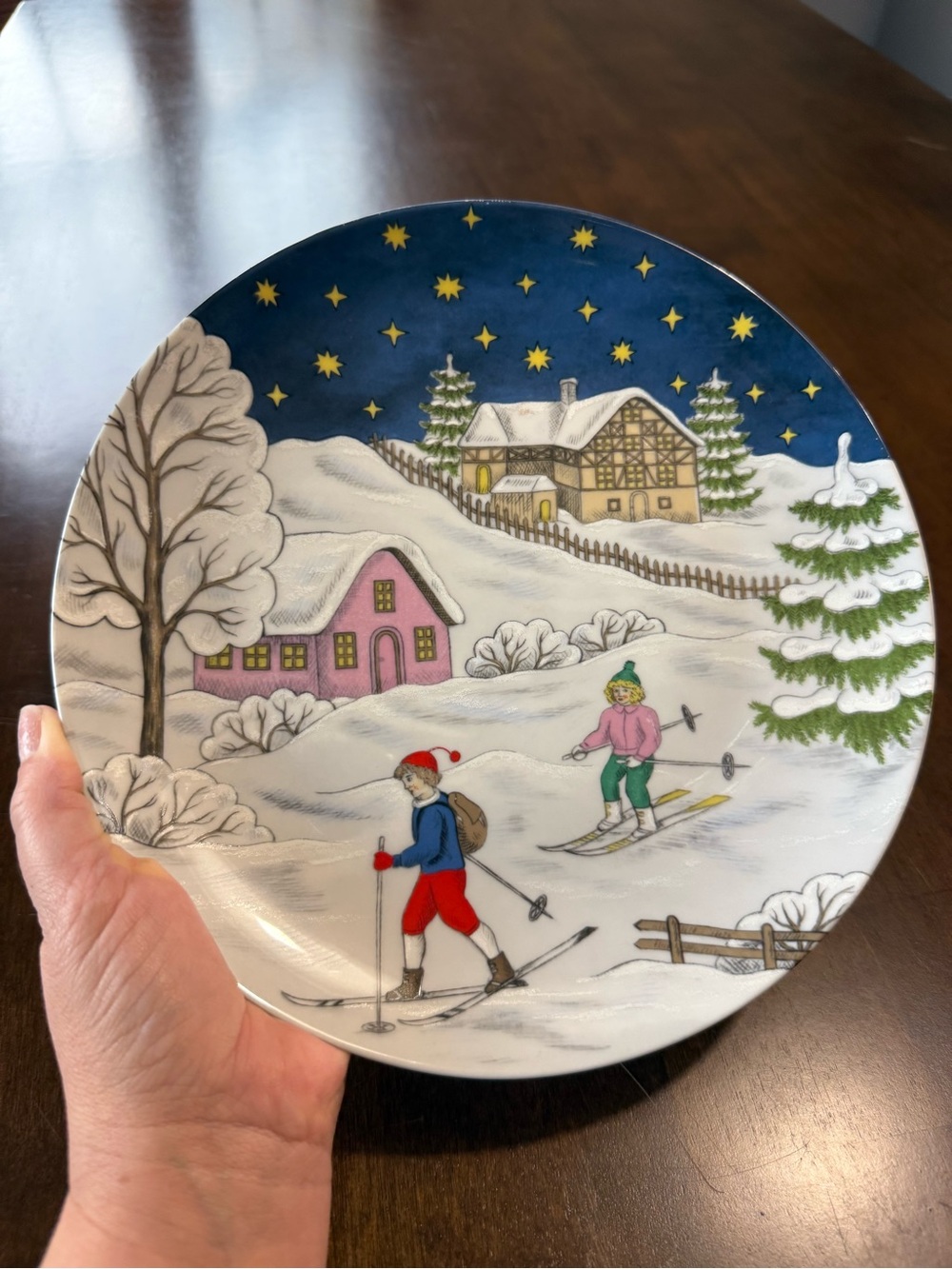 Kaiser West Germany Motiv 3 Christmas Winter Skiers Plate 10”